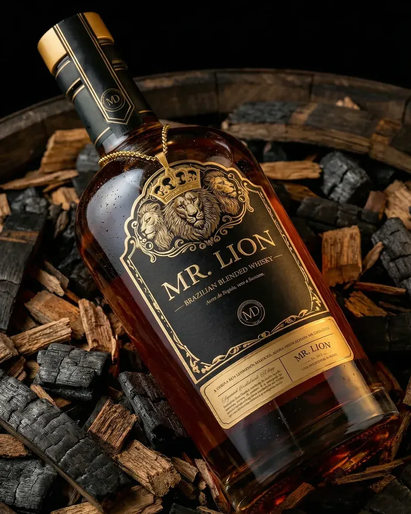 Garrafa de Blended Mr. Lion sobre as lascas de carvalho